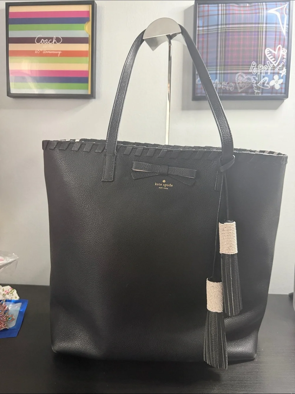 kate spade On Purpose Black Leather Tote with Tassel Accents